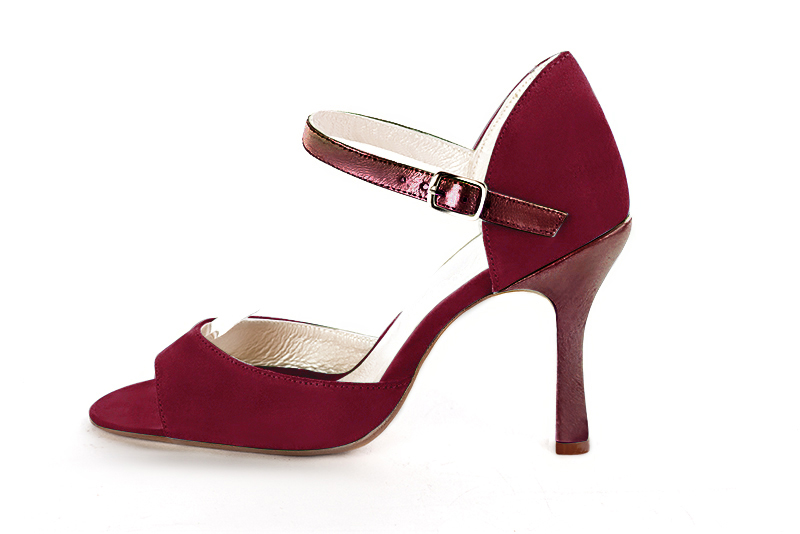 Burgundy red women's closed back sandals, with an instep strap. Round toe. High spool heels. Profile view - Florence KOOIJMAN